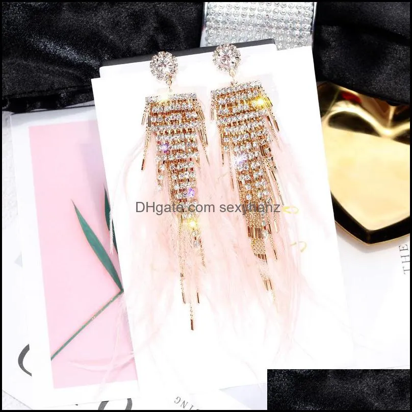 s1957 fashion jewelry s925 silver post feather earrings rhisntone feather tassel long dangle stud earrings