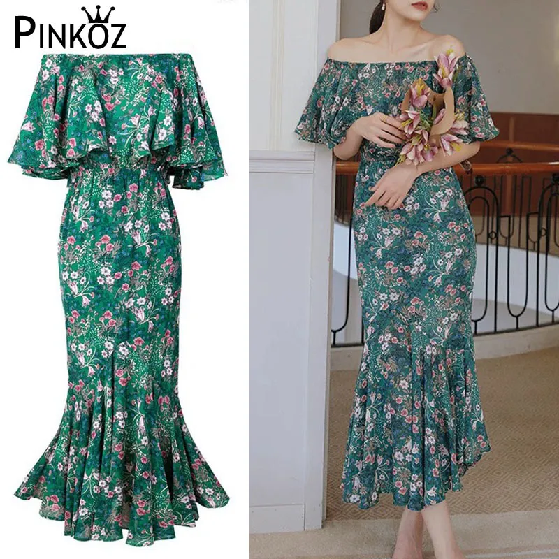 Pinnkoz Letnie wakacje Zielony Kwiatowy Drukowane Ruffles Slash Neck Sim Bodycon Mermaid Midi Sukienka Kobiety Casual Beach Dresses Boho 210421