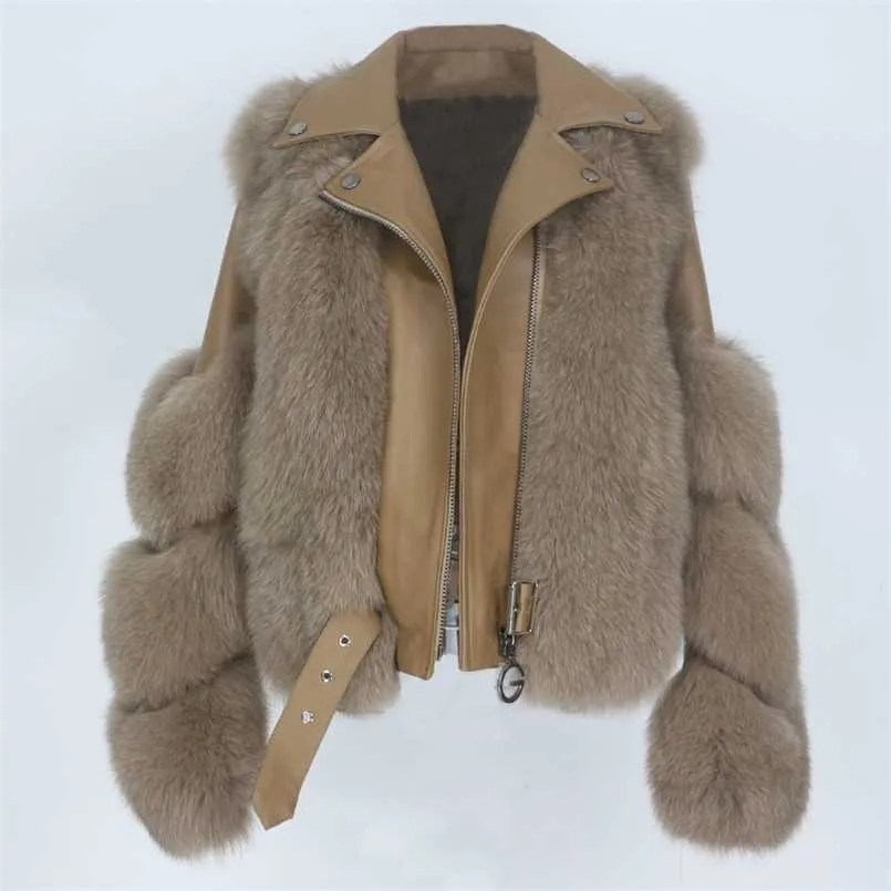 Oftbuy Real casaco de pele colete jaqueta de inverno mulheres pele natural couro genuíno Outerwear destacável streetwear locomotiva 211110