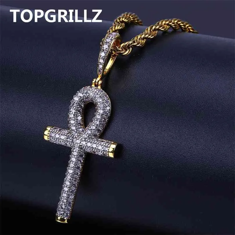 TOPGRILLZ Solid Back Ankh Cross Collane Uomo Donna Hip Hop Ciondolo Iced Out AAA + Bling CZ Stone Regali Drop 210721