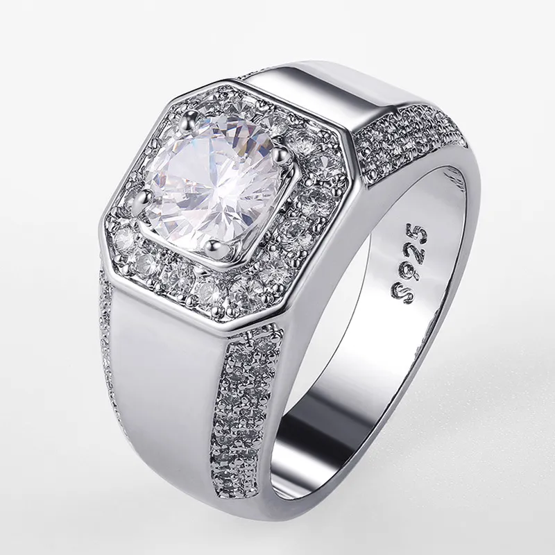 Luxus 925 Sterling Silber Männer Kristall Zirkon Stein Ehering Brillante Edle Verlobung Engagement Party Ringe mit Stempel