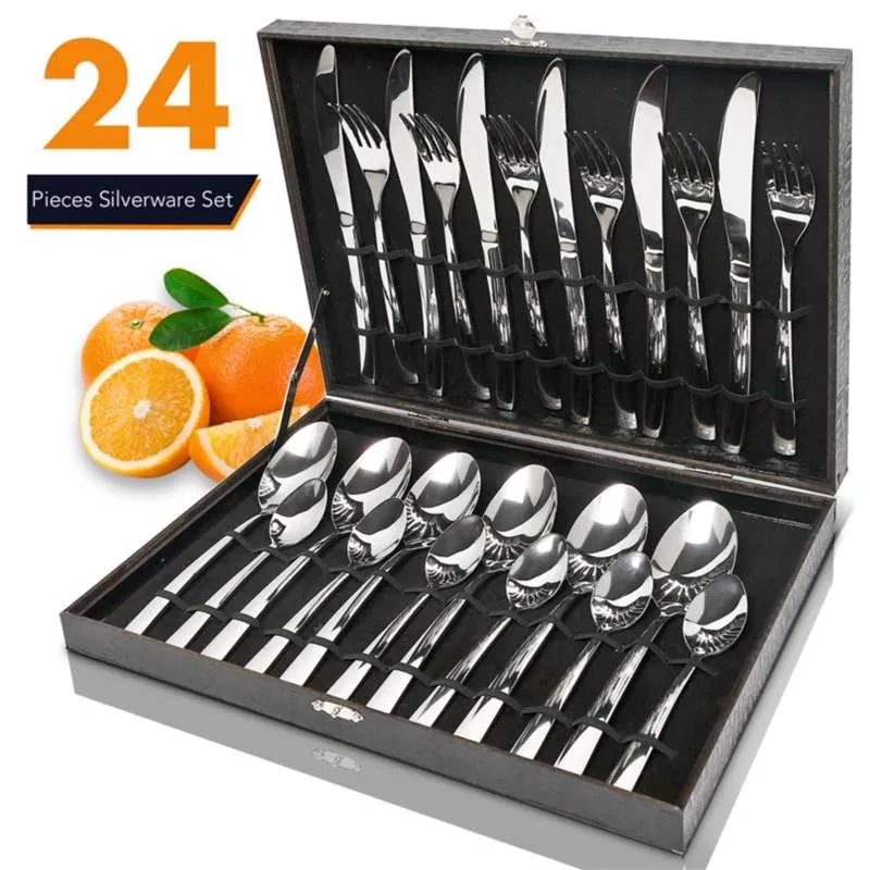 24 stks SilverWare bestek Set Box Roestvrijstalen Diner Servies Mirror Polishing S Mes Fork Lepel 210928