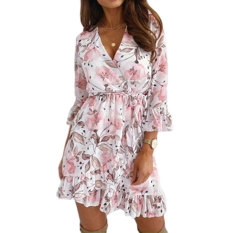 Femmes printemps fleur imprimer robe col en V décontracté trois quarts manches volants fendu femme élégant une ligne fête Vestidos 2021 robes