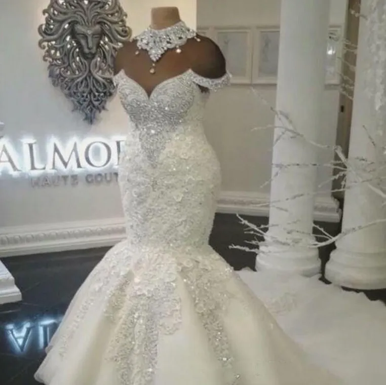 Abiti da sposa Custom Made Luxury Dubai Arabo Sirena Abiti da sposa Plus Size Perline Cristalli Corte dei treni robe de mariee abiti 2022