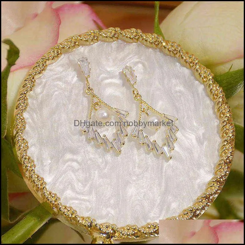 14k Real Gold Luxury Crystal Zircon Tassel Earring for Women Feminia Temperament Pearl Stud Eearring Elegant Engagement Jewelry