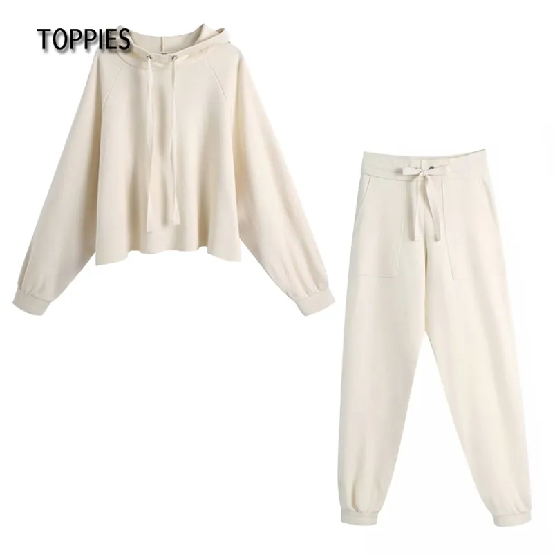 Woman Pants Suit Women Knitted Two Piece Set Beige Tracksuits Hooded Sweatshirts and Jogger Pencil 210421