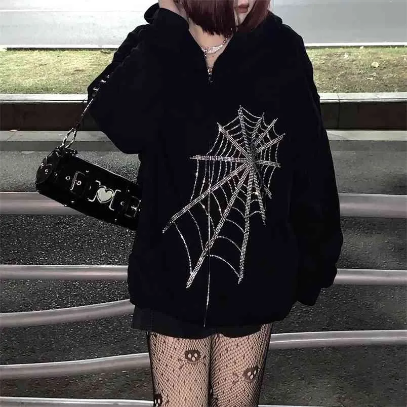 Harajuku outwear dragkedja sweatshirts emo alt kläder gotisk punk spindel web hooded kvinnor fe grunge mörk plus storlek hoodies 210910