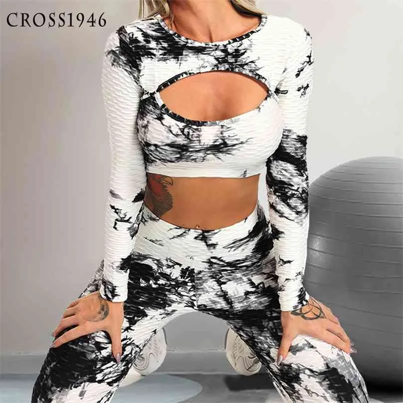 Skriv ut Kvinnor Yoga Sets Fitness Sportkläder Gym Kläder Track Suit High Waist Gym Leggings Sexiga Sport Passar Yoga Toppar 210802