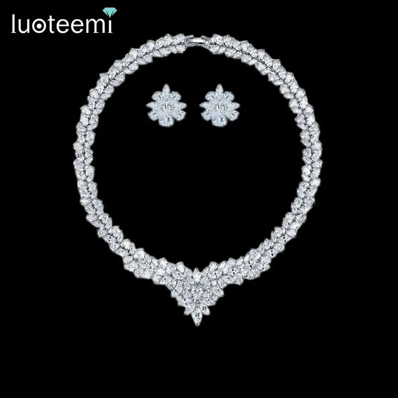 Boucles d'oreilles collier LUOTEEMI femmes Zircon grand pendentif lourd clair CZ ensemble de mariée pour les ensembles de bijoux ras du cou de mariage de luxe