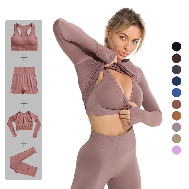 sportswear yoga set Tights top for seamless Sport outfit fitness gym shorts High waist Women bra tracksuit suit long sleeves 210813