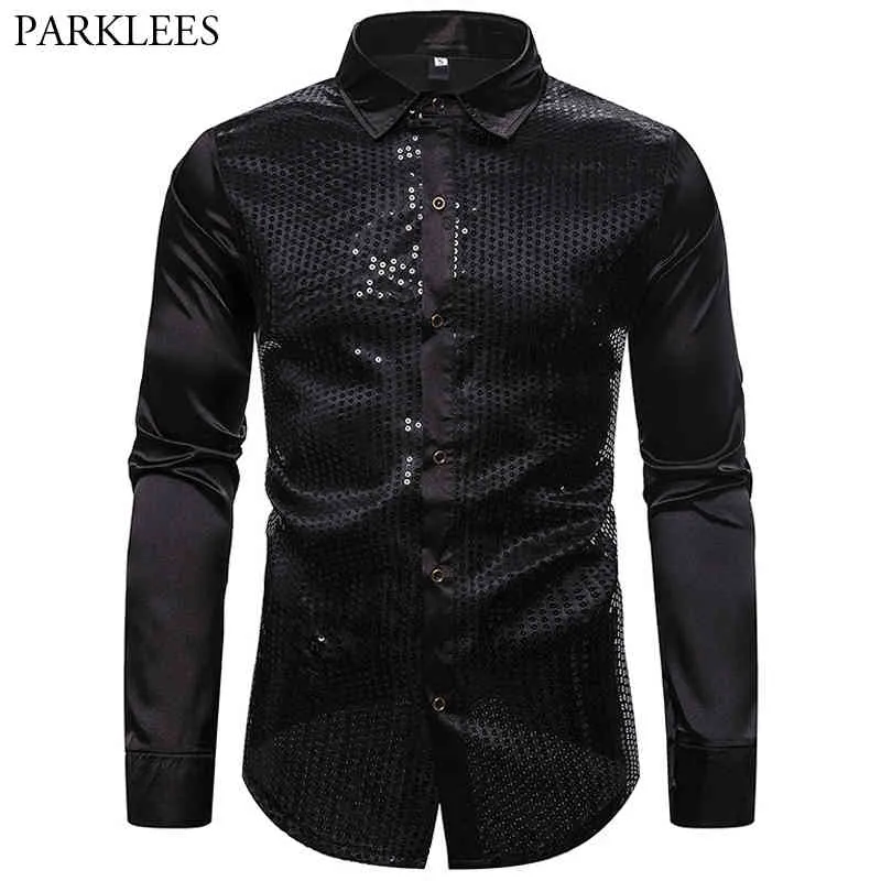 Black Sequin Mens Shirt Silk Satin Men Dress Shirts Fashion Casual Splice Men Long Sleeve Wedding Party Disco Men Clothing USA 210524