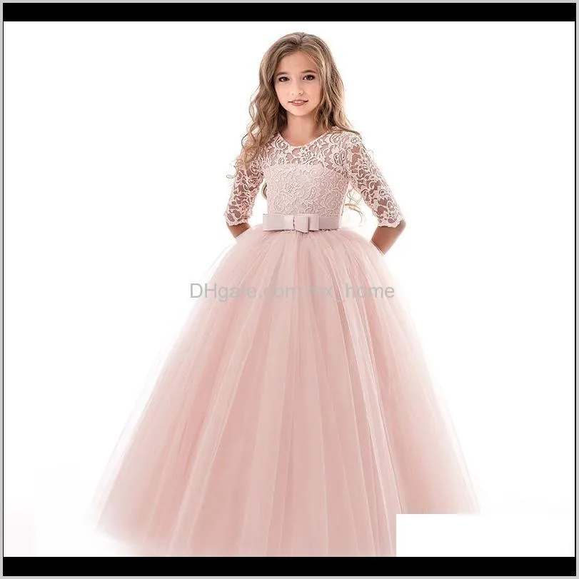 kids girls princess dresses 5+ hollow bow tie lace wedding dress mesh dress kids girls party tutu dress 5-10t