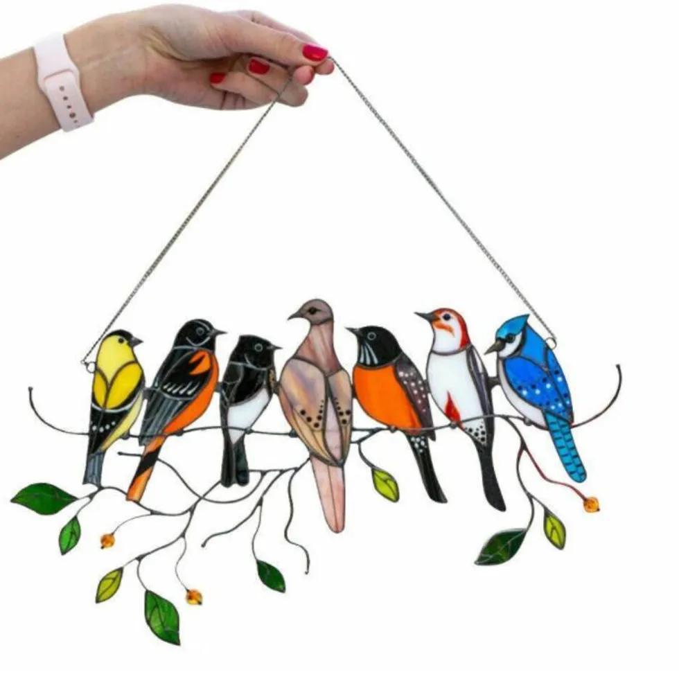 5 pièces multicolore 7 oiseaux sur un fil haute teinte Suncatcher mur porte fenêtre panneau oiseau série 2021 fête des mères cadeau fête décoration ornement suspendu hH41SGXN