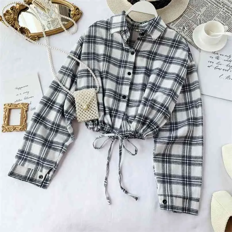 Kvinnor höst koreanska lösa smala korta gröda toppar hög midja student plaid blouse shirts j097 210527