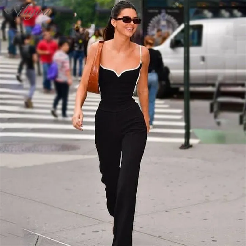 Free Trendy Color Block White Striped Splicing Sexy V Neck Celebrity Party Club Bandage Jumpsuit 210525