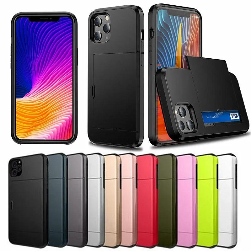 Casos de teléfono de armadura coloridos con caja de la tarjeta de diapositiva para iPhone 6 7 8plus x XR XS MAX 11 11 PRO 12 12 MINI SAMSUN Nota 20