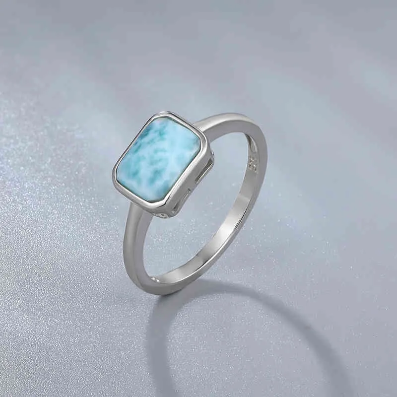2021 Tendência 925 Sterling Prata Natural Gemstones Larimar Anel para Mulheres Geometria Design Clássico Jóias Femininas Simples Namoro