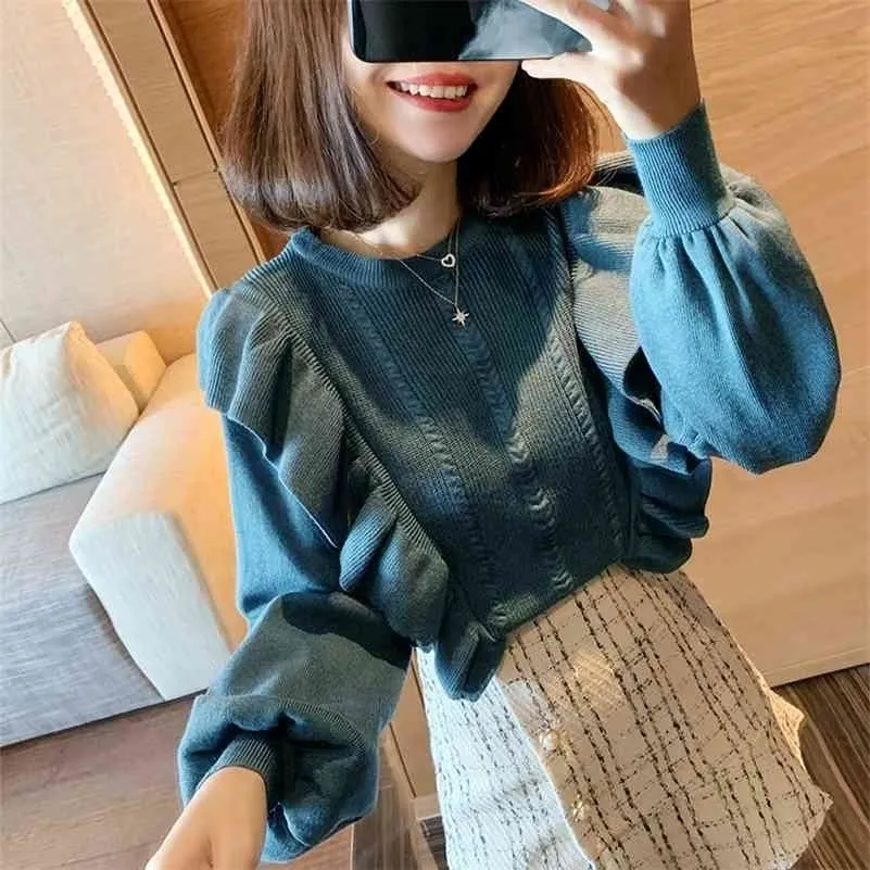 Knitted women's autumn and winter Korean style loose bottoming temperament double ruffled sweater 210416