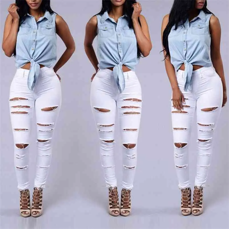 1High Waist Jeans for Women Black Ripped Female Skinny Denim PANT Casual Vintage Trousers 210514