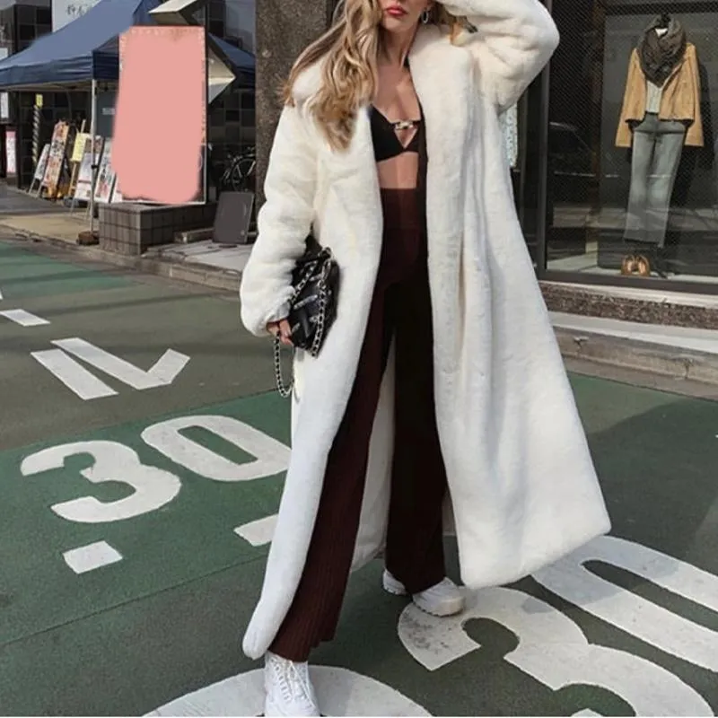 Women's Fur & Faux 2021 Winter Long White Coat Women Fluffy Warm Oversized Lapel Loose Plush Jacket Lady Korean Fashion Streetwear Coats