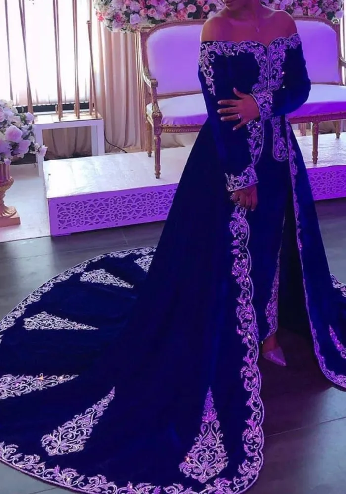 Kungliga Blå Kaftan Caftan Evening Formella Klänningar med Overkirt 2022 Långärmad Karakou Algerien Lace Broderi Prom Lökar