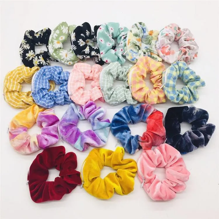 Velours cheveux chouchous fermeture éclair femmes cravate colorant chouchou élastique bandeaux filles fleur Plaid chapeaux élastique pour queue de cheval