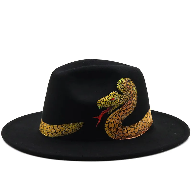 Wide Brim Fedora Hat: Hand Painted Green Woolen Top Hat  display picture 2