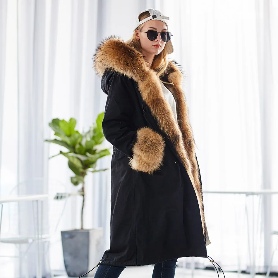 Plus Size Winter Natural Raccoon Parkas Black Raccoon Fur voering X Long Jacket Jas XXL