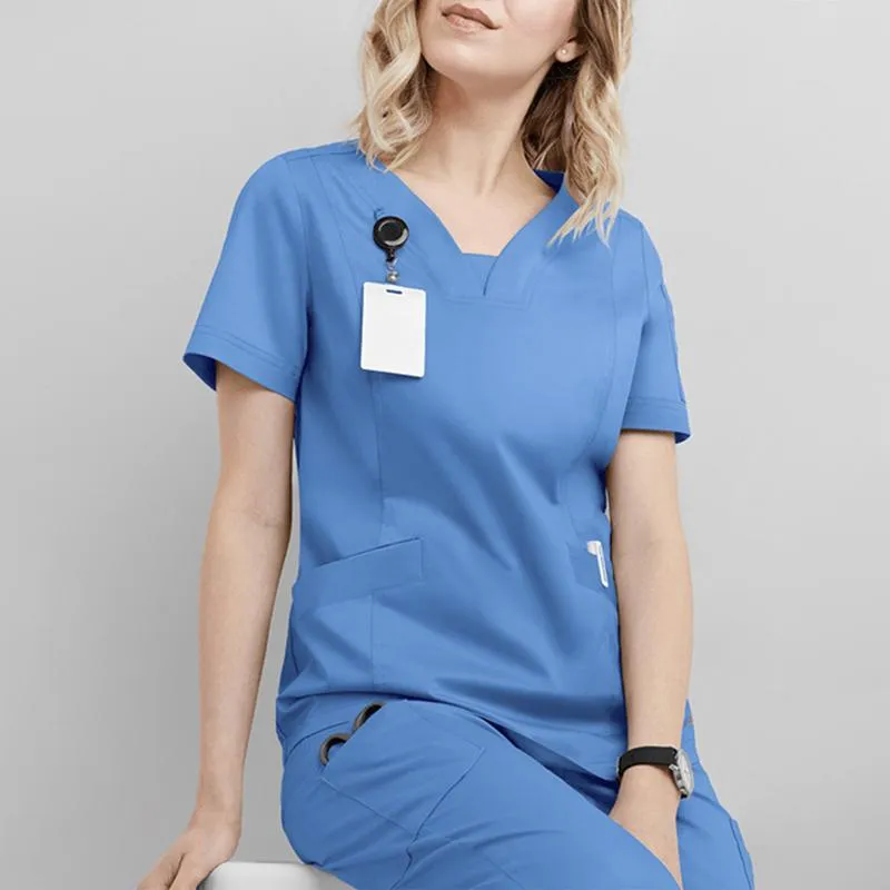 High Quality V-neck Scrub Tops Beauty Salon Nursing Elastic Waist Pants Unisex Breathable Uniform Accessorie