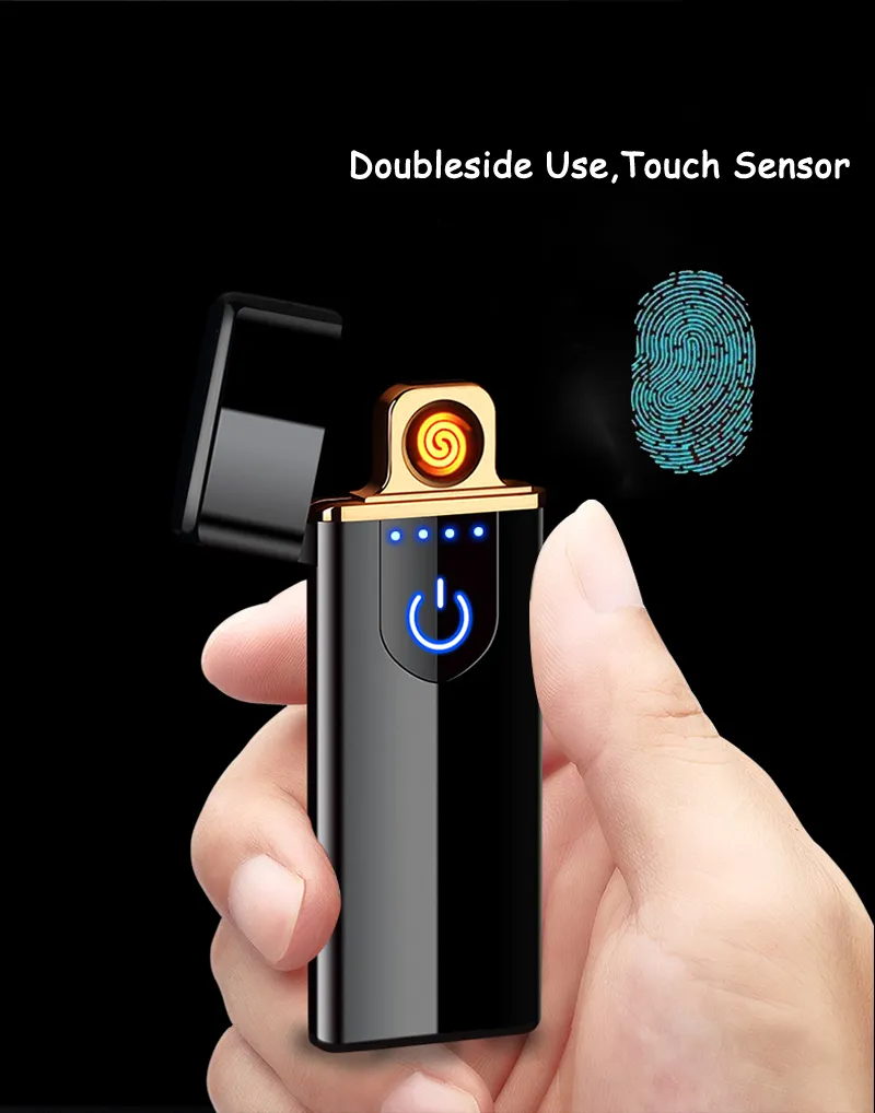 11 stilar Nyhet Elektrisk Touch Sensor Cool tändare med presentförpackning Fingeravtryck USB Uppladdningsbar Portable Double-Side Vindtäta Tändare Rökning Tillbehör