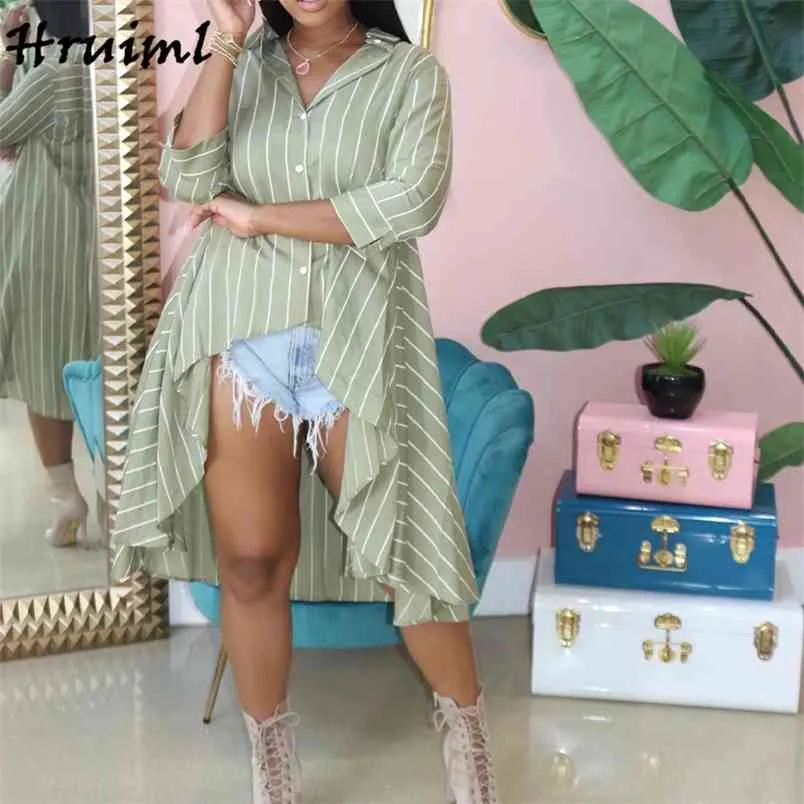 Shirt Dress Women 3/4 Sleeve Lrregular Hem Button Clothing Fashion Sale Striped Casual Loose for 210513