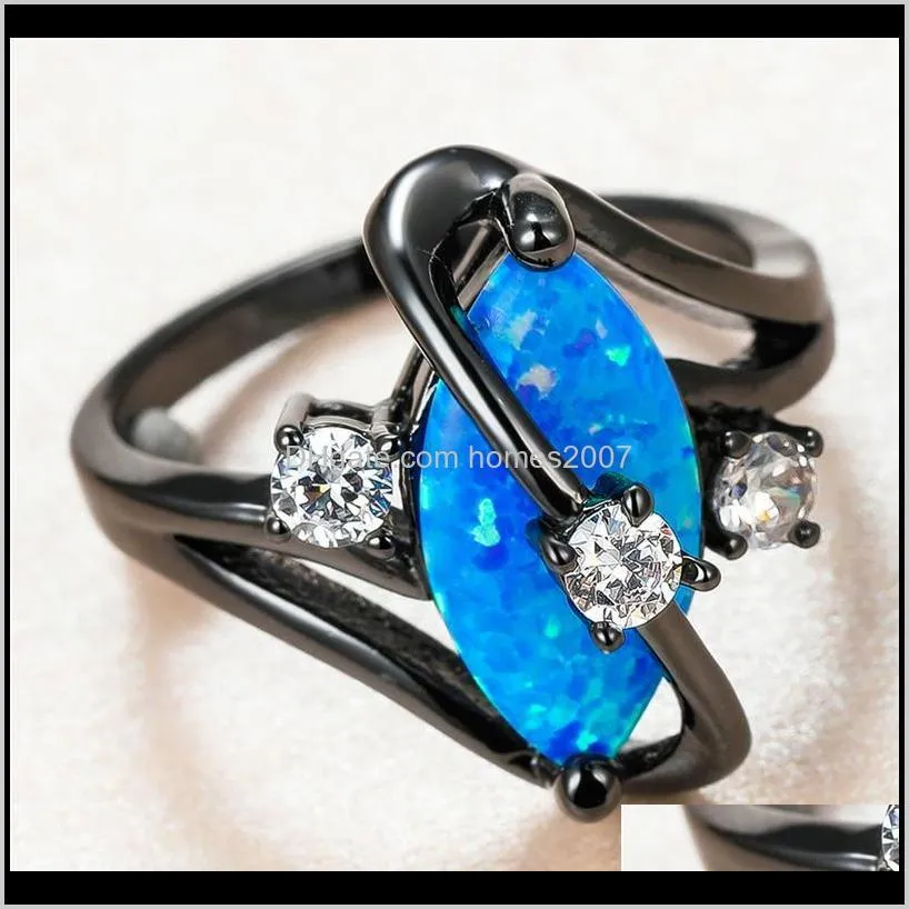 vintage female blue leaf opal ring charm 14kt black gold thin wedding rings for women luxury bride round crystal engagement