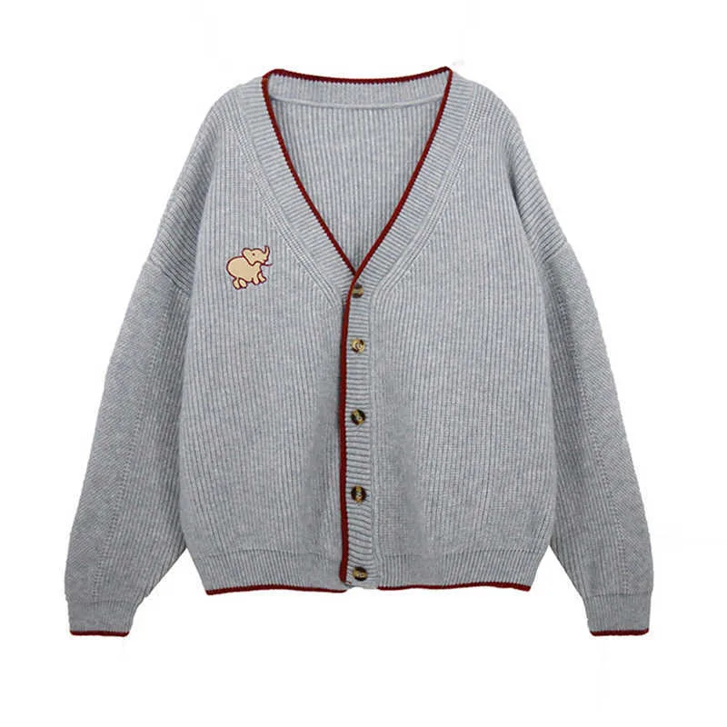 PEUT-ÊTRE U Pull Tricoté Broderie Éléphant À Manches Longues Beige Marine Bleu Gris Simple Boutonnage Cardigans Col En V Automne M0197 210529