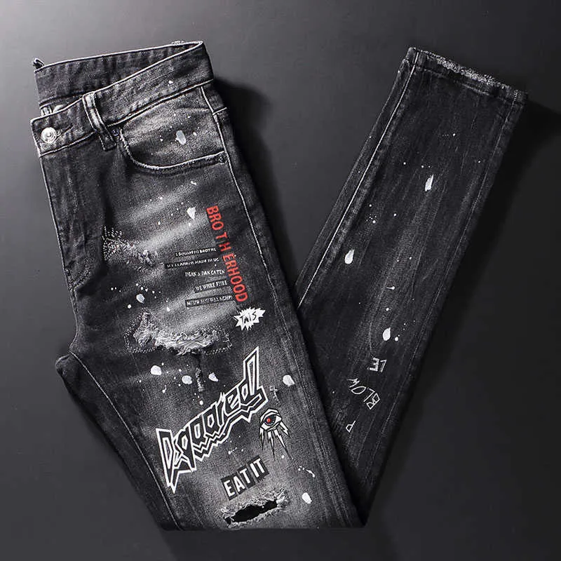 Street Fashion Men Jeans Retro Black Gray Elastic Slim Fit Ripped Patch Printed Designer Hip Hop Splashed Denim Pants