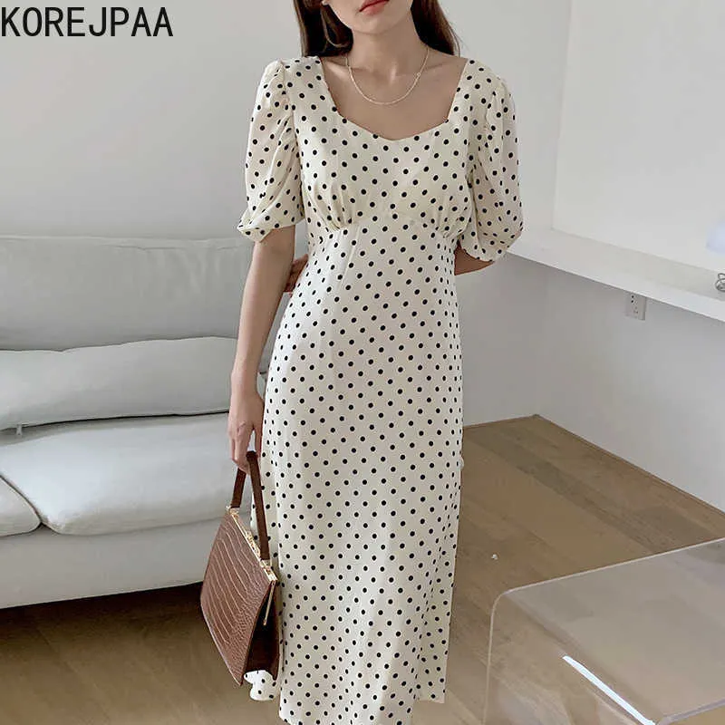 Korejpaa Kvinnor Klänning Sommar Koreanska Chic Ladies Elegant Temperament Square Collar Polka Dot Slimming Puff Sleeve Vestidos 210526