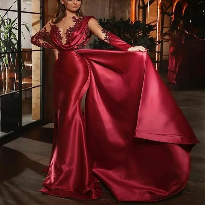 Elegant Mermaid Dresses: Red Satin Evening Gown With Overskirt