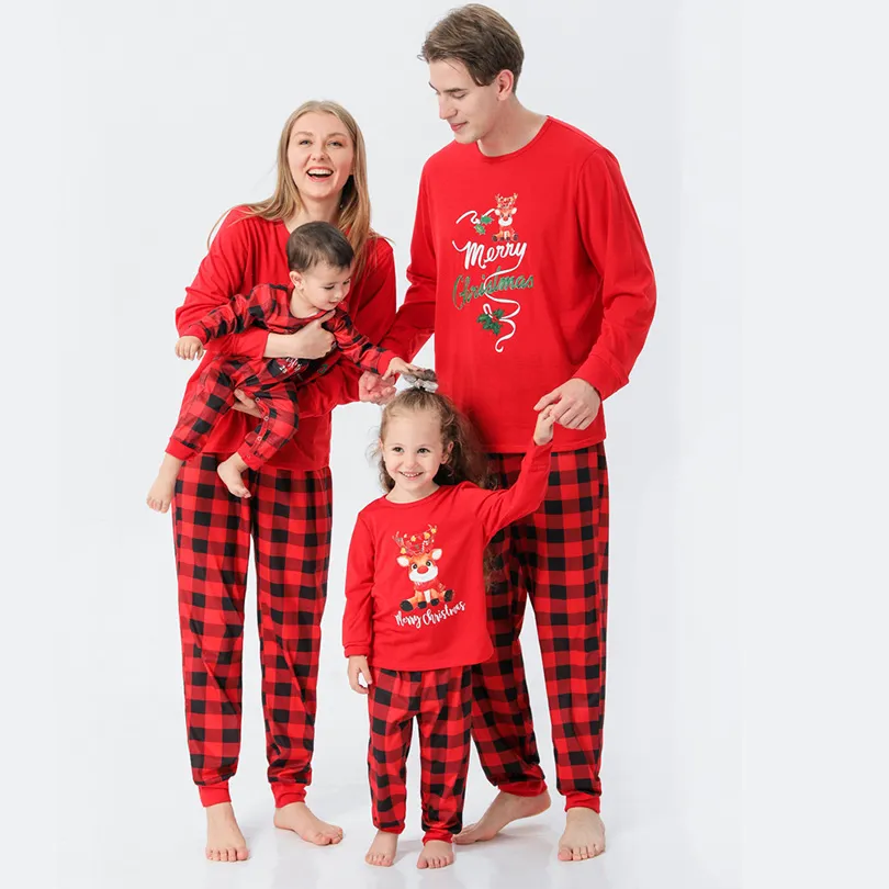 Christmas Pajamas Sets For Family 2021 Cute Plaid Reindeer Holiday
