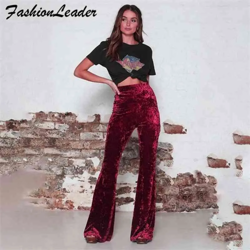 Calças sexy mulheres elástico alta cintura larga perna calças veludo vintage longas senhoras estiramentos trousers q0801