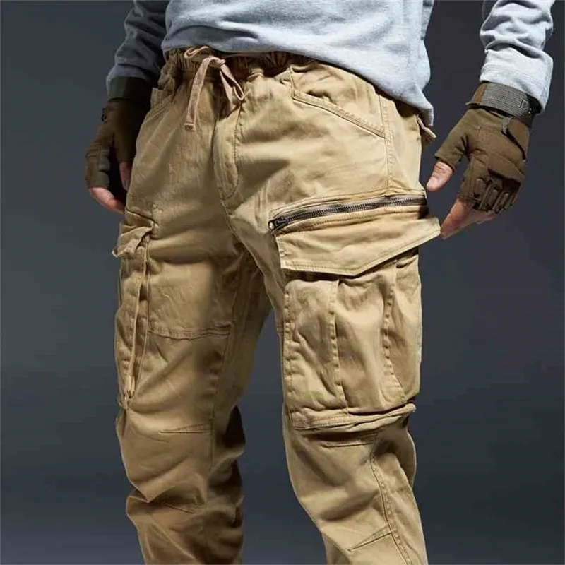 ICPANS cheville longueur Cargo pantalon hommes Joggers taille élastique fermeture éclair nombreuses poches noir armée militaire Streetwear mode 210715