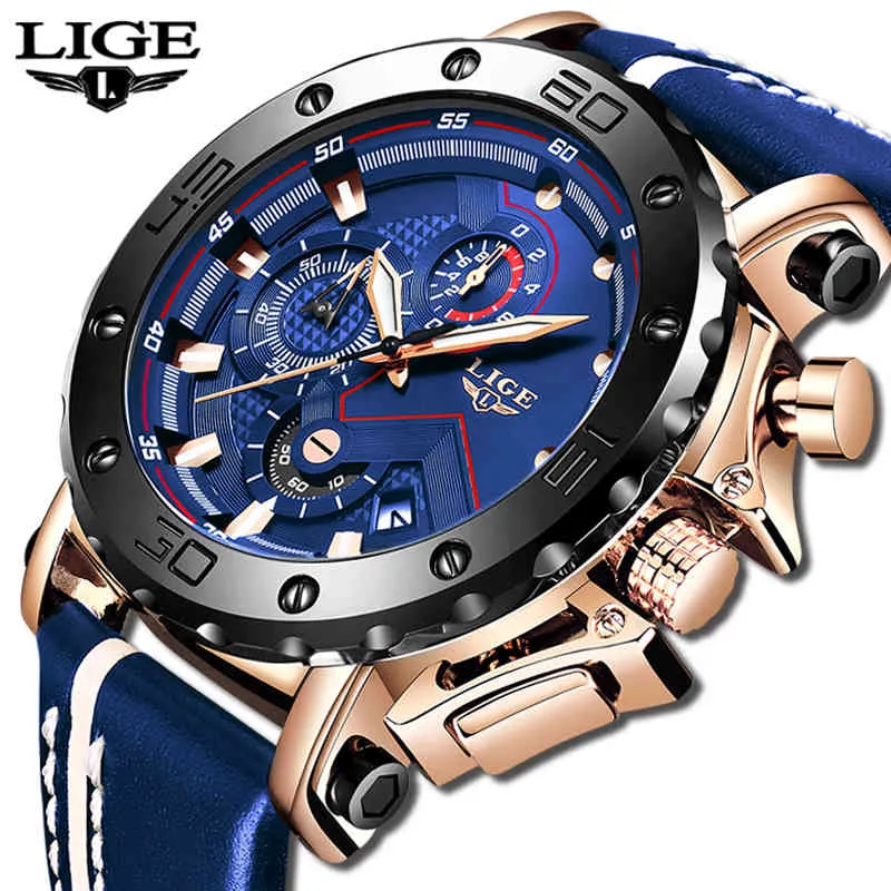 2020 LIGE MENS Horloges Topmerk Luxe Mode Militaire Quartz Horloge Heren Leer Waterdichte Sport Chronograaf Relogio Masculino Q0524