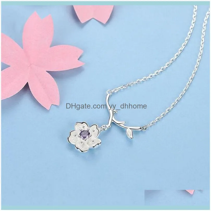 Chains 100% 925 Sterling Silver Purple Zircon Flower Pendant Necklace Girl Charm Jewelry Solid Water Wave Chain