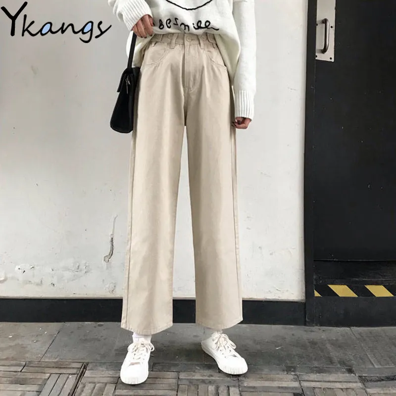 Koreanische Frauen Retro Breite Bein Jeans Gerade Weiß Schwarz Rosa Hosen Hohe Taille Mom Jeans Plus Größe Streetwear Denim Hosen