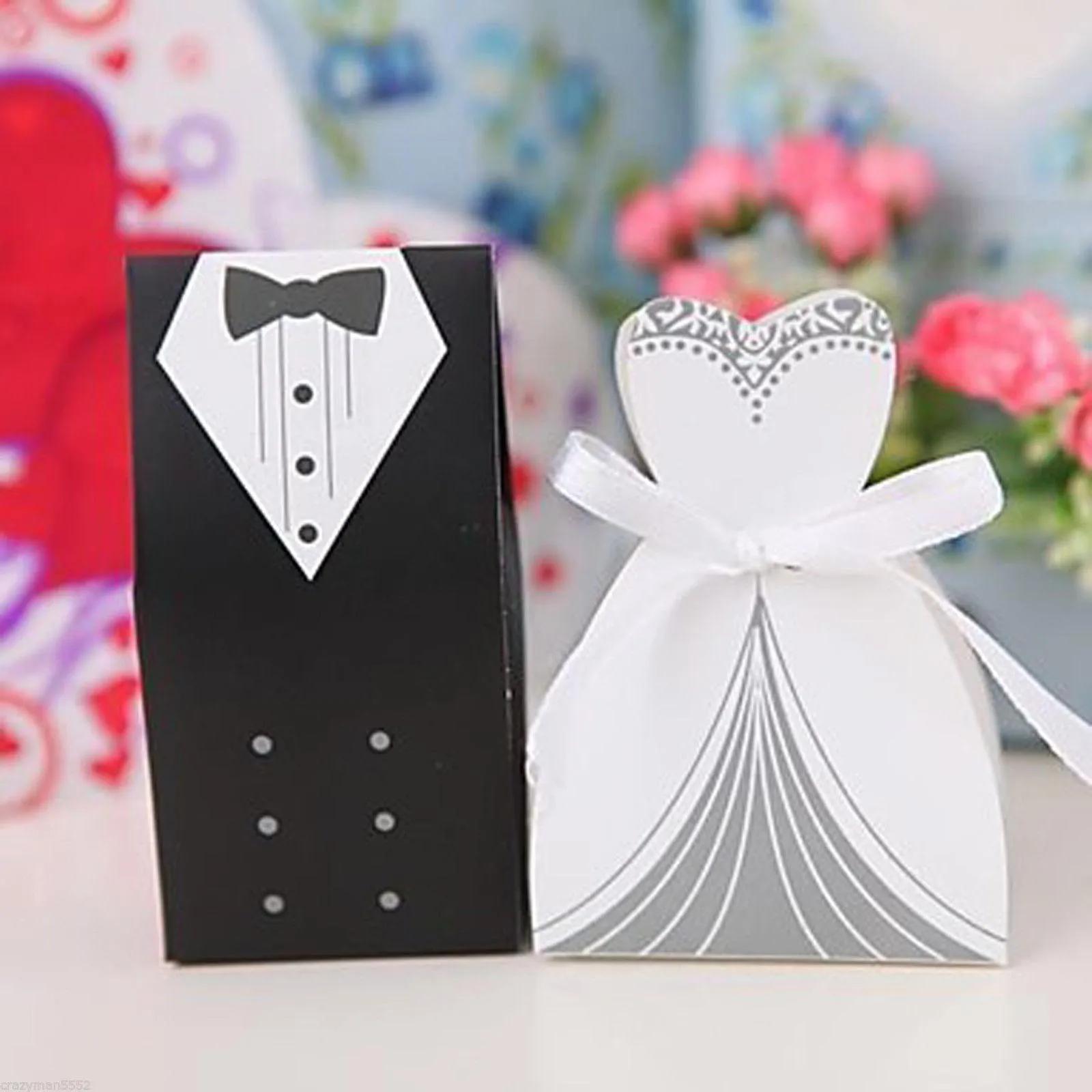 50 Pezzi Bomboniere Matrimonio Scatole Per Confetti A Forma Di Abito Da Sposa E Frac - Set Da 25 Scatole Sposa E 25 Scatole Sposo Con Nastri