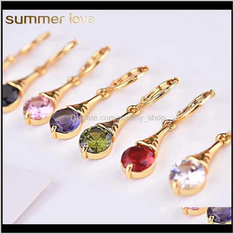 new arrival gold plated cz crystal dangle earrings for lady women colorful crystal stone clip on earring gift jewelry pink red green