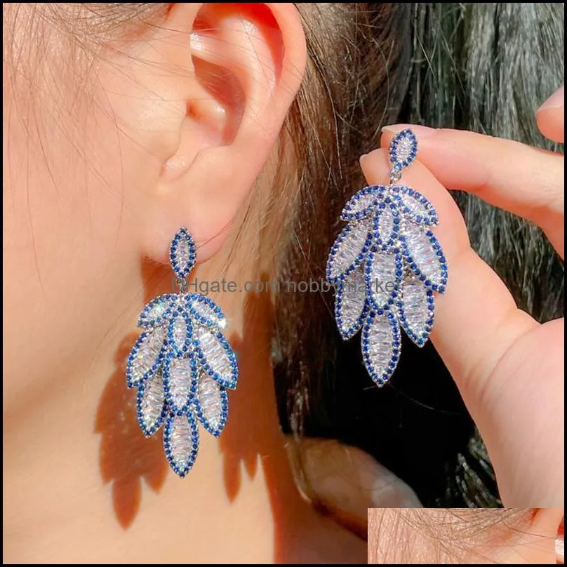 Dangle Kroonluchter Oorbellen Sieraden CWWZIRS Luxe FL Blue Cubic Zirconia Pave Big Long Feather Leaf voor Vrouwen Verklaring Bruiloft DROP DE