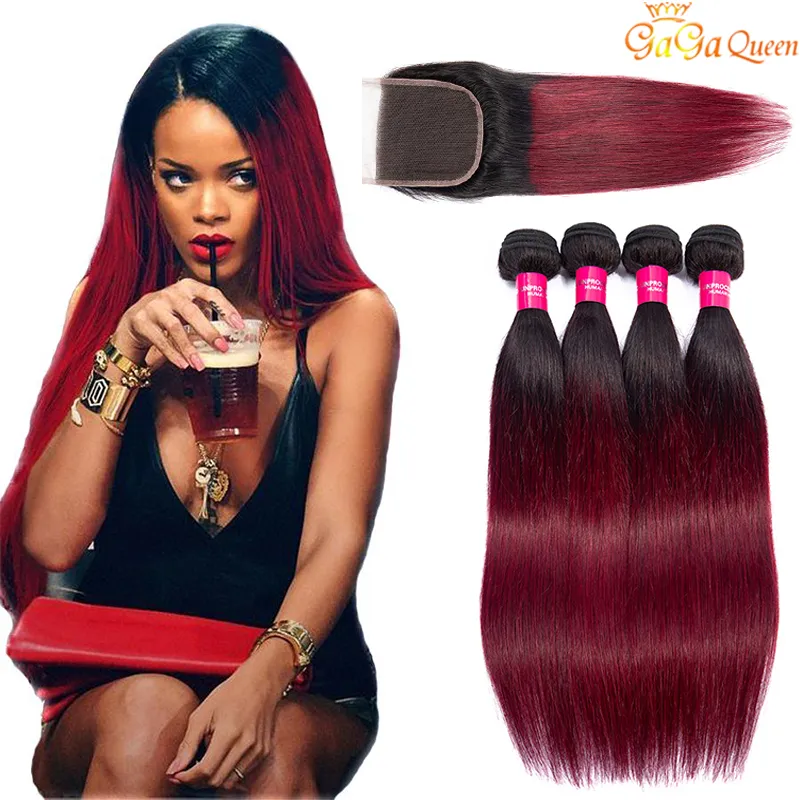 Fasci di capelli umani bordeaux bicolore Ombre vergini peruviane malesi dritte con chiusura in pizzo 1B 99j Estensioni color vino rosso