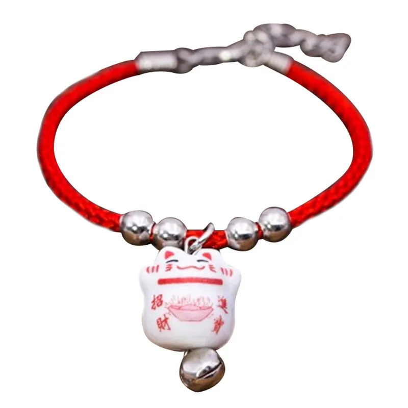 New Cute Lucky Cat Ceramic Beads Safe Bracelet Red Rope Bangle Handmade Fashion Jewelry Adjustable Length