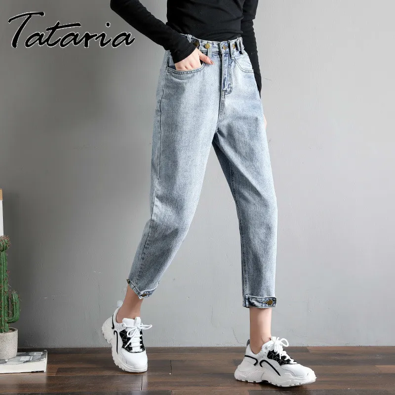 High Waist Jeans Casual Vintage Washed Boyfriend Woman Denim Pants Plus Size Cotton Loose Street Style 210514