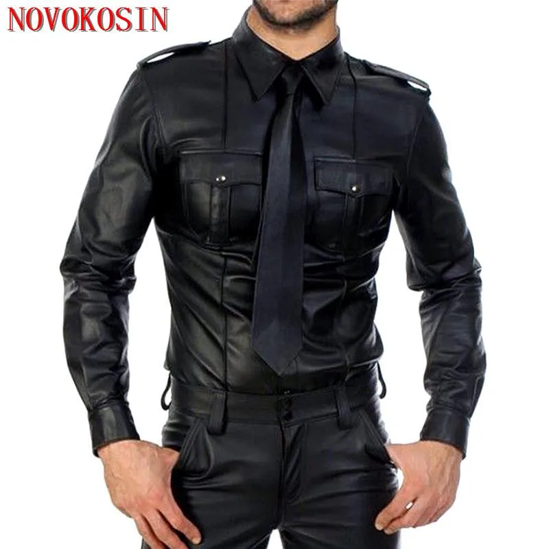 メンズTシャツXX147 M-3XL 2021ファッションブラックフェイクレザー男性フィットネスTシャツ長袖2ポケットスタイルトップスティー