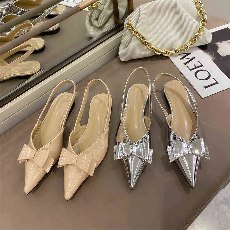 2022 New Letni Light Light, Wygodne i Eleganckie Kobiece Spioste Bow Sandals Single Shoes Women's Flat Sole